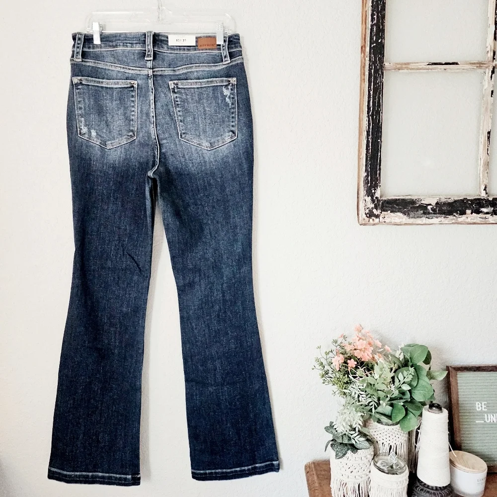 Judy Blue Mid Rise Dark Wash Hand Sand Distressed Bootcut Denim Jeans 13/31 NEW - Picture 10 of 16